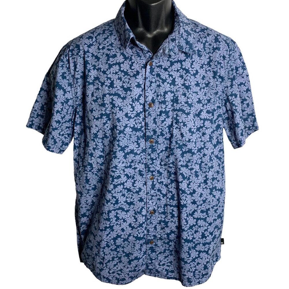 Quiksilver Button Up Short Sleeve Shirt M Blue Floral Cotton Chest Pocket